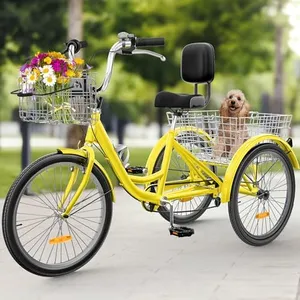 YITAHOME Tricycle, 24 Inch 3 Wheel Bikes, 7 Speed Trike Bike with Shifting for Adults with Removable Baskets, Cruiser Bike for Seniors Women Men Shopping Picnic Outdoor Sports, Yellow