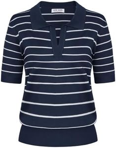Kate Kasin Striped Short Sleeve Sweaters for Women, V Neck Knit Tops, Business Casual Polo Shirts Navy Blue White S