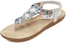 Life Palaza Women's Summer Sweet Wedding Thong Sandals Rhinestone Bohemian Gladiator Flat Sandals Open-Toe Slippers Flip Flops Crystal T-Strap Shoes (7 US/EU 38, Diamond Silver)