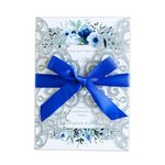 ponatia 20 PCS 5 x 7'' Silver Giltter Laser Cut Wedding Invitations with Envelopes for Wedding Party Bridal Shower Engagement Birthday Sweet 16 Invite - Silver Glitter with Royal Blue Ribbons