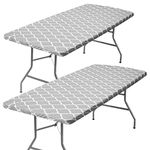 Zhuqing Picnic Table Cover 6ft Rectangle, Vinyl Fitted Tablecloth with Elastic, Waterproof with Flannel Backing, for Camping Outdoor, 30"x72", Gray Moroccan, 2 Pack