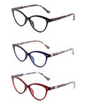 JM 3 Pack Fashion Designer Cat Eye Reading Glasses Spring Hinge Glasses for Readers Women +3.0 Mix Color