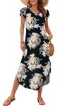 MISFAY Women 2024 Summer Casual Ruffle Sleeve Dress Beach Cover Up Long Maxi Dresses with Pocket,Floral Black Pink,M