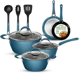 NutriChef 11 Pc Ceramic Cookware Set - Excilon Blue Diamond, Nonstick, Induction Ready, Includes Saucepan, Fry Pans, Dutch Oven, Utensils, Dishwasher Safe - NCCW11BD.7