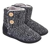 Keanu Ladies Cable Knit Bootie Slippers - Memory Foam Insole Fluffy Plush Faux Fur Lined - Chenille Knit with Non-Slip Rubber Sole (Black, 5-6)