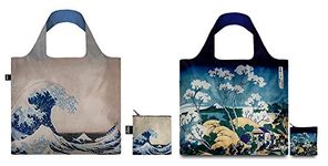 Loqi Museum Collection Set of 2 Asian Inspired Reusable Shopping/Grocery Bags~Hokusai's Fuji from Gotenyama & The Great Wave. Compact, Foldable into zippered Pouch, Supports up to 44 lbs. Eco-Friendly