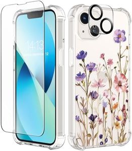 GVIEWIN Designed for iPhone 13 Case 6.1 Inch, with Tempered Glass Screen Protector + Camera Lens Protector Clear Flower Soft & Flexible Shockproof Floral Women Phone Cover (Zinnia/Purple)