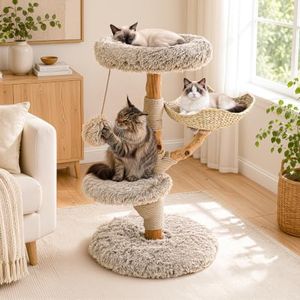 Sopapets Solid Wood Cat Tree for Large Cats, 41.3" Modern Cat Tower with Heavy Duty Real Branch & Hand-Woven Basket, Sisal Scratching Posts & Cozy Bed, Luxury Furniture for Indoor & Maine Coon, Beige