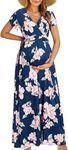 OUGES Summer Maternity Maxi Dress Wrap V Neck Baby Shower Pregnancy Dresses for Photoshoot(Floral-13, Medium)