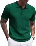 COOFANDY Mens Knit Polo Shirt Textured Polo Shirts Short Sleeve Banded Bottom Polo T Shirts Golf V Neck Polo Shirts Summer Clothing 2025 Dark Green