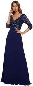 Ever-Pretty Robe de Soirée à Paillettes Manches Longues Femme A-Line Col V Empire Élégante Bleu Marine 38