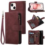 RANYOK Wallet Case for iPhone 15 Plus with Card Holder, Premium PU Leather with RFID Blocking Zipper Flip Folio Wallet Wrist Strap Magnetic Clasp Kickstand Protective Case -6.7 Inch (Wine Red)