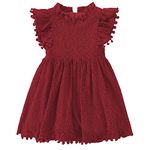 PythJooh Toddler Girl Flutter Sleeve Party Dress Baby Kids Elegant Lace Pom Pom Princess Dress for 1-7Years Wine Red