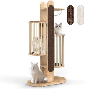 Modern Cat Tree Tower for Indoor Cats, 67" Tall Solid Wooden Cat Tower with Scratching Posts, 6 Level Natural Luxury Cat House with Big Bed, Washable Cushions Cat Furniture for Large Cats White Brown