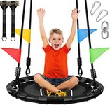 Odoland 24 inch Kids Tree Swing, Outdoor Small Saucer Swing - 900D Waterproof Oxford Swing, Backyard Round Flying Swing with Adjustable Hanging Ropes Hanging Straps and Turnbuckle Black