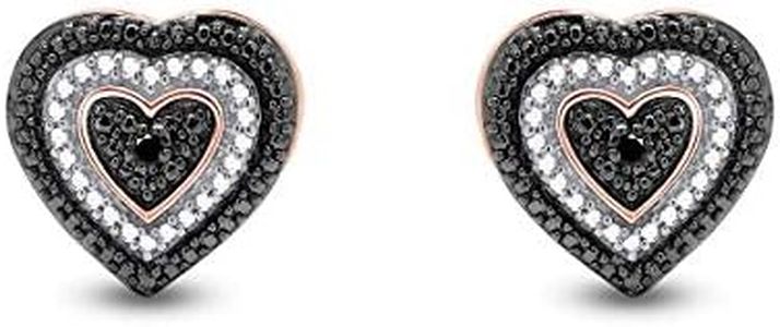 Black & White Natural Diamond Heart Shape Stud Earrings In 14K Rose Gold Over Sterling Silver (0.02 Ct)