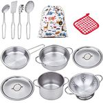 My First Play Kitchen Toys Pretend Cooking Toy Cookware Playset For Kids 11-Pieces Stainless Steel Pots and Pans with Cooking Utensils -Dishwasher Safe