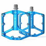 Road/Mountain Bike Pedals - 3 Bearings Bicycle Pedals - 9/16” CNC Machined Flat Pedals with Removable Anti-Skid Nails (Blue)