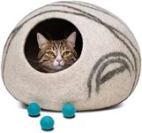 MEOWFIA Premium Felt Cat Bed Cave (Light Grey/Large) and Wool Ball Toys (6-Pack) Bundle