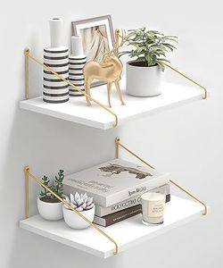 Afuly Mensole da Muro Legno Bianco Oro 42x30 cm Metallo Moderne Design Cameretta Bagno Cucina Home Decor, Set di 2