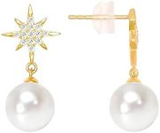 BURLAP LIFE Gold Plated 925 Sterling Silver Freshwater Real Pearl Drop Dangle Earrings Quality Pearl Hoop Earrings for Women, 8 Pointed Star 7mm-8mm