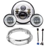 7" LED Headlight 4.5 Passing Lights for Road King/Road Glide/Street Glide/Electra Glide/Ultra Limited Headlight Fog Light with Bracket Mounting Ring and Wire Adapter (Chrome Set-Silver)