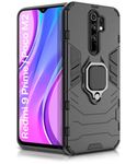 WOW IMAGINE Shock Proof Back Case Mobile Cover for Xiaomi Redmi 9 Prime | Poco M2 (Armor | Hybrid PC + TPU | Full Protection with Ring Holder Kickstand | Carbon Black)