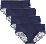 LIQQY Women's 4 Pack Cotton Mid Rise Full Coverage Lace Hipster Brief Panty Underwear (Small, Navy Blue)