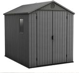 Keter Darwin 6 x 8 Foot Spacious Heavy Duty Storage Shed for Organizing Garden Accessories and Outdoor Tools with Double Doors and High Ceiling, Gray