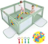 BABY JOY Baby Playpen, 185 x 155 x 69 cm Play Yard for Infants w/4 Pull Rings, 50 Ocean Balls & Carrying Bag, Portable Baby Activity Center w/Breathable Mesh, Zippered Doors & Rubber Suction Cups (Green)