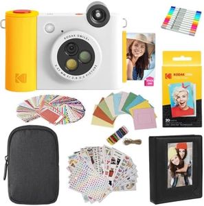 Kodak Smile+ 2-in-1 Digital Instant Print Camera & Photo Printer Gift Bundle + Case + Zink 2x3 Sticky Back Photo Paper 20pk + Album + Sticker Sets + Sticker Frames + Hanging Frames + Markers - White