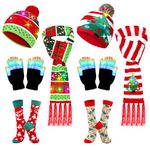 Suhine 8 Pieces LED Light up Christmas Hat Scarf Gloves Socks Set Xmas Holiday Winter Christmas Beanie Knit Cap for Women Men, Multicolor, One Size