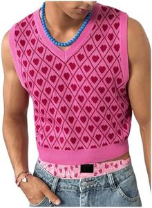 BEAUDRM Men's Heart Graphic Printed Sleeveless V Neck Sweater Vests Cropped Knit Tank Tops Pink Large