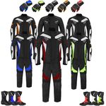 A Full Set of Waterproof Motorbike 2 Piece Suit in Cordura Fabric and Armour - Jacket + Trouser + High Ankle Boots + Gloves- Racing Touring Events (Blue, XS - 34 Chest / 28 Waist)