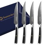 Sunnecko Damascus Steak Knife Set of 4, Serrated Knife with Damascus Knife VG-10 Damascus Steel Forged Blade, Steak Knives with G10 Handle Tableware Steak Cutlery Set