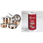 Lagostina Premium Martellata Tri-Ply Hammered Copper 11 Pc Kitchen Pots and Pans Cookware Set, Copper, (Q986Sb64) & Stainless Steel/Copper Cleaner, Silver