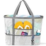 KPX Mesh Beach Bag, Large Beach Tote Bags for Women Foldable Mesh Swimming Bag with Mini Pockets - Sandproof, Waterproof, White, Large