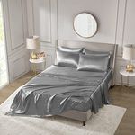 Madison Park Essentials Satin Sheet Set Luxury and Silky with Natural Sheen, Premium 16" Deep Pocket, All Around Elastic - Year-Round Bedding, Queen, Grey, 6 Piece