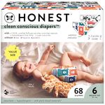 The Honest Company Clean Conscious Diapers | Plant-Based, Sustainable | Beary Cool + Big Trucks | Super Club Box, Size 6 (35+ lbs), 68 Count