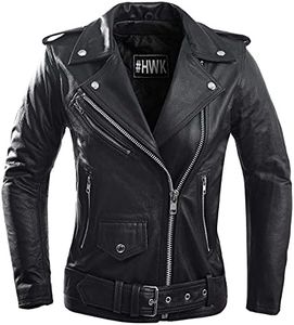 HWK Brando Leather Motorcycle Jacket for Women, Durable, Genuine, Classic Black Leather Jacket with Polyester Thermal Lining, Stylish & Comfy Vintage Motorcycle Jacket for All Season Riding - Large