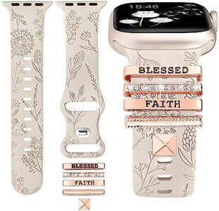 Minyee Compatible with Apple Watch Band with Charms 38/40/41/42/44/45/46/49mm, Decorative Ring Loops Floral Engraved Silicone Strap for iWatch Ultra 2 Series 10/9/8/7/6/5/4/3/2/1/SE, Starlight-FAITH