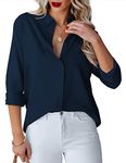 hellobaby Womens Button Down Shirts V Neck Long Sleeve Office Casual Business Plain Blouse Tops with Pocket (Large, Dark Blue)