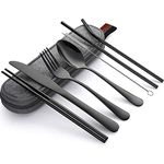 Glosoni Travel Cutlery Set, 8 Pieces of Stainless Steel Portable Cutlery, ortable and Reusable Travel Utensils, Including Fork, Spoon, Chopsticks, Cleaning Brush and Straw (Black)