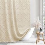 Siiluminisoy Extra Long Boho Farmhouse Shower Curtain Woven Fabric Cream/Beige 84 Inch Shower Curtain, 72 x 84 Tufted Chevron Textured Striped Modern Minimalist Cloth Shower Curtain for Bathroom