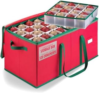 Christmas Ornament Storage - Stores up to 128 Holiday Ornaments, Adjustable Dividers, Zippered Top, Two Handles - Attractive Storage Box Keeps Holiday Decorations Clean and Dry for Next Season (Red)