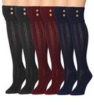 Tipi Toe Women's 3-Pairs Winter Warm Knee High/Over The Knee With Buttons Cotton-Blend Boot Socks, Dark Charcoal, Navy, Burgundy, 9-11