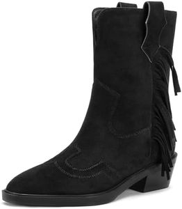 Rogerdream Fringe Western Cowboy Boots, Women's Pointed Toe, Mid-Calf, Low Heel Black Size 7.5