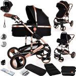 Baby Stroller 3 in 1 Pram Pushchair Buggy Child Lightweight Folding Stroller 3 in 1 Travel System Pram for Newborns Toddlers from Birth Aluminium NEW Upgraded 2025 Style (Black - Rose Gold Frame)