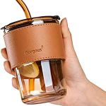 HARKNOX Glass Reusable Coffee Mug with Protective Leather Cover Silicone Straw, Thick Shake Tumbler Sipper Bottle for Kids Hot/Cold Tea Milk Juice Water Drinking Cup for Travelling Office 435 ML