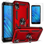 STARSHOP Moto E6 Phone Case, Motorola Moto E6 Case, Included [Tempered Glass Screen Protector], Military Grade Shockproof Metal Ring Kickstand Shockproof Drop Protection Phone Cover - Scarlet